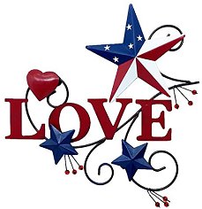 Metal Hanging Wall Art Sculpture- Metal Hearts and Americana Stars with Love