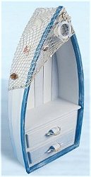 Painted distressed white & blue. It has decorative fish netting, seahshells & a life ring attached to it adding to the authentic look. The drawer handles are small buoys. It will add a definite nautical touch to wherever it is placed and is a must have for those who appreciate high quality nautical decor. It makes a great gift, impressive decoration and will be admired by all those who love the sea..