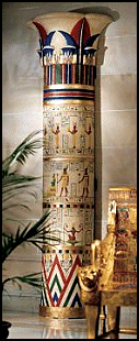Ready to mount to your wall, these eight-foot wonders are ringed with traditional hieroglyphics hand-scribed into the columns and crowned with lotus capitols. Cast of fiberglass-reinforced resin and hand-painted in the rich jewel tones of the Egyptian palette