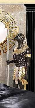 Life-Size Horus Statue  -  Faux stone gold metallic wallpaper  -  black satin bedding  