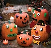 Put a fresh face on your jack-o'-lanterns - with this kit, children can join in the creative process, too. Kids love working with the big colorful wooden features (eyes, ears, noses, lips, and more) - there are enough pieces to create five different countenances (including Frankenstein's, neck bolts and all) or mix and match to create your own special expressions. Pieces attach by varnished wooden dowels; parents can help make a hole for the dowels using a nail or screwdriver.