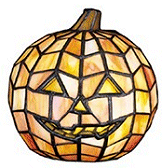 Pumpkin Orange Jack O' Lantern, handcrafted utilizing the copperfoil construction process, is a charming accent lamp and hauntingly beautiful work of art. 