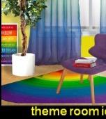 MID CENTURY MODERN FURNITURE Purple chair ottoman  Rainbow Area Rug   