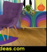 Retro rainbow credenza    Orange Table Lamp  Purple chair ottoman  Rainbow Area Rug  