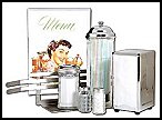 Retro 50s Diner Style Tableware Set Straw Sugar Napkin Dispenser Salt and Pepper Menu Holder Menu Cover. Enjoy a complete set of diner accessories with this collection of vintage tableware! The glass straw dispenser has a chrome plated top and holder, measures 11.5 in. high, and comes with 75 straws. The glass sugar shaker measures 6 in. high and has a stainless steel twist off cover. The glass salt and pepper shakers are 3 in. high and also have stainless steel twist off covers. The stainless steel napkin dispenser comes with 250, one ply napkins and measures 3.5W x 8H in. The stainless steel menu holder is free standing and does not require any drilling or clamping. It measures 15W x 4D x 4.5H in. The menu cover is laminated and measures 17W x 11H in. unfolded. This set makes a great gift or an accessory for your own home. Set includes everything shown.