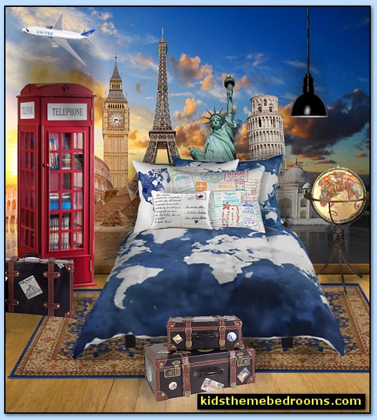 travel bedroom decor - travel bedroom decorating - Create A World Travel Theme For Your Bedroom. Travel bedroom decorations World Map Mural Vintage Retro Discoveries Casual World Traveler