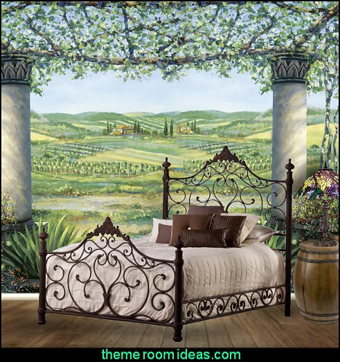 tuscany style vineyard mural iron bed wine barrel nightstand, decorating with grapes