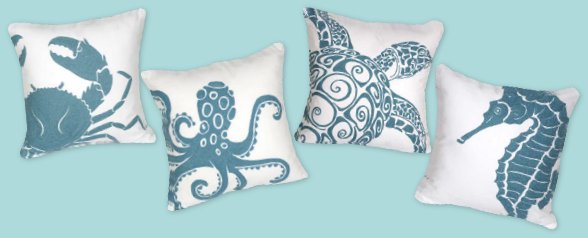 Embroidered Nautical Decor Pillow Covers - Seagreen-Crab pillow Seahorse pillow  Sea Turtle  pillows Octopus throw pillow