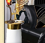 Egyptian Cobra God Altar Lamp  -  White Gold Tray Top Side Table -  black gold throw pillows - black satin bedding   