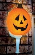 A festive decoration that will put a grin on any monster's face!  Cover that ordinary porch light with this festive Sparkling Pumpkin Light Cover. Cover is made of plastic that gives it a "sparkling" 