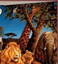 Wall Mural Designs kids rooms wall murals for children's rooms. Jungle Wall Collection - Friendly jungle animals with gentile faces peak out from foliage and vines. Treetop die-cut border with large verdant leaves, has colorful parrot, monkeys, and leopards nesting in foliage. Tree Trunk vertical mural border is wrapped with jungle vines and leaves. Wainscoting is verdant foliage with pink flamingos and tropical birds. Prepasted. Clouds wallpaper is a drop match, peelable, scrubbable wallpaper. kids jungle themed room ideas