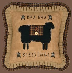 Baa Baa Blessings primitive pillows    Baa Baa Blessings Pillow is a delight with its primitive 5-point stars and a large plaid patch on a sheep appliqued in the center. The words "BAA BAA" are embroidered at the top while "BLESSINGS" is embroidered at the bottom. The pillow features long burlap fringes and a decorative button in the center.