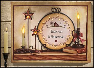 Beautiful wall hanging has a homespun country feel and includes warm, glowing candle light. The candles and red berries feature LED lights.