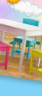 Rainbow wall mural    olorful table chairs for kids playroom furniture rainbow playroom 